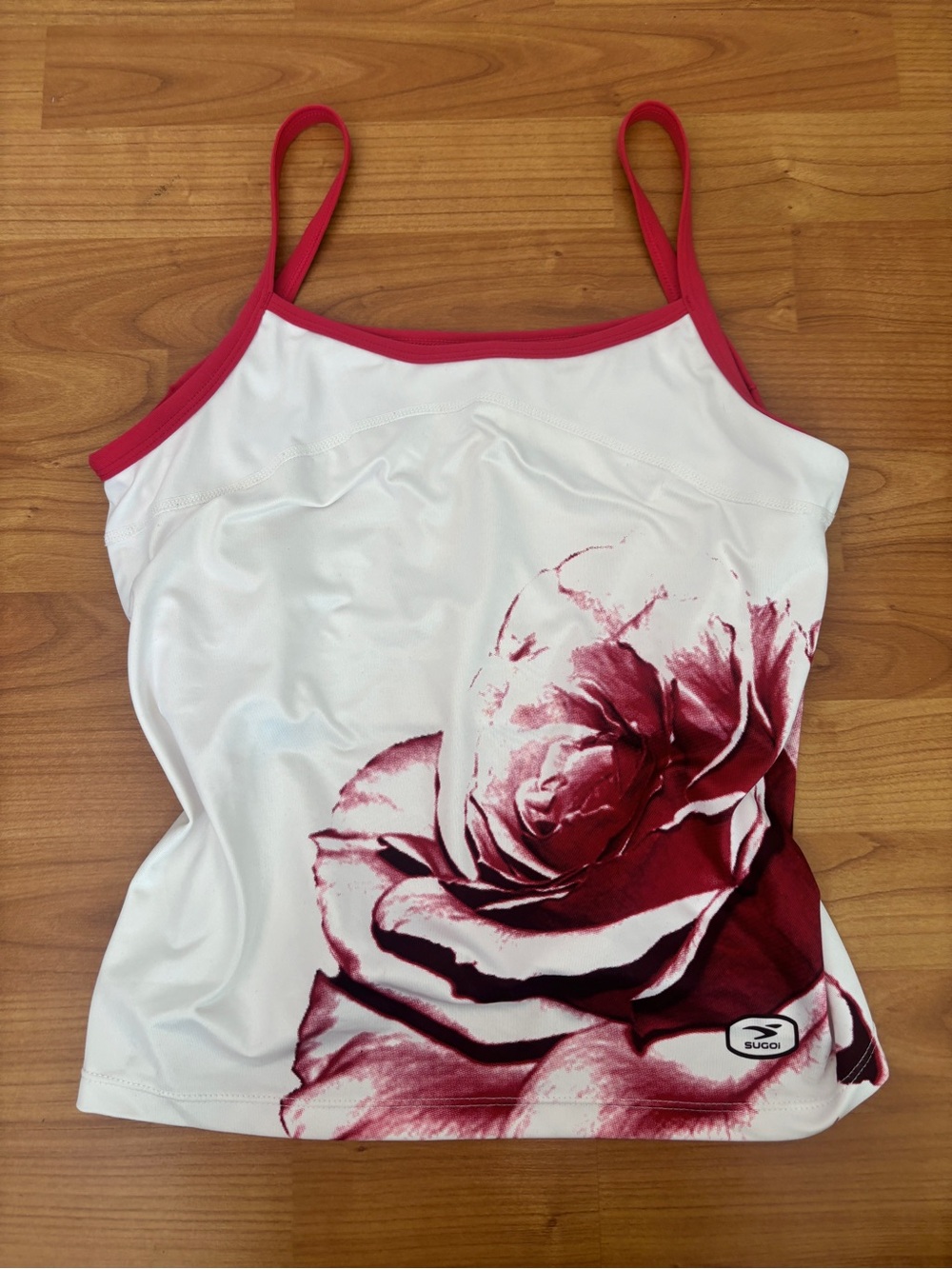 2000’s Activewear White Cami Rose Floral  Y2K Yoga Tank Top with Built in Bra